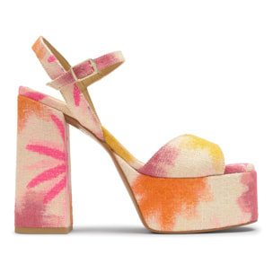 Sandalia Flora tacón a juego en lino con motivo floral estampado y hebilla