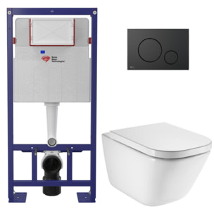 Pack WC bâti-support autoportant + WC suspendu sans bride avec abattant SoftClose + plaque noir mat (STROGAWR03-U)