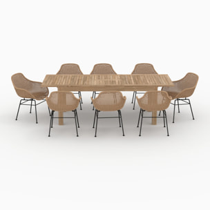 Table et chaises de jardin 8 personnes en bois, résine tressée - Carmela