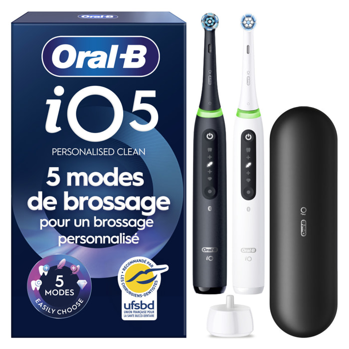 Oral-B iO 5 - Duo Avec Etui de Voyage - Noire et Blanche - Brosses À Dents Électriques connectées