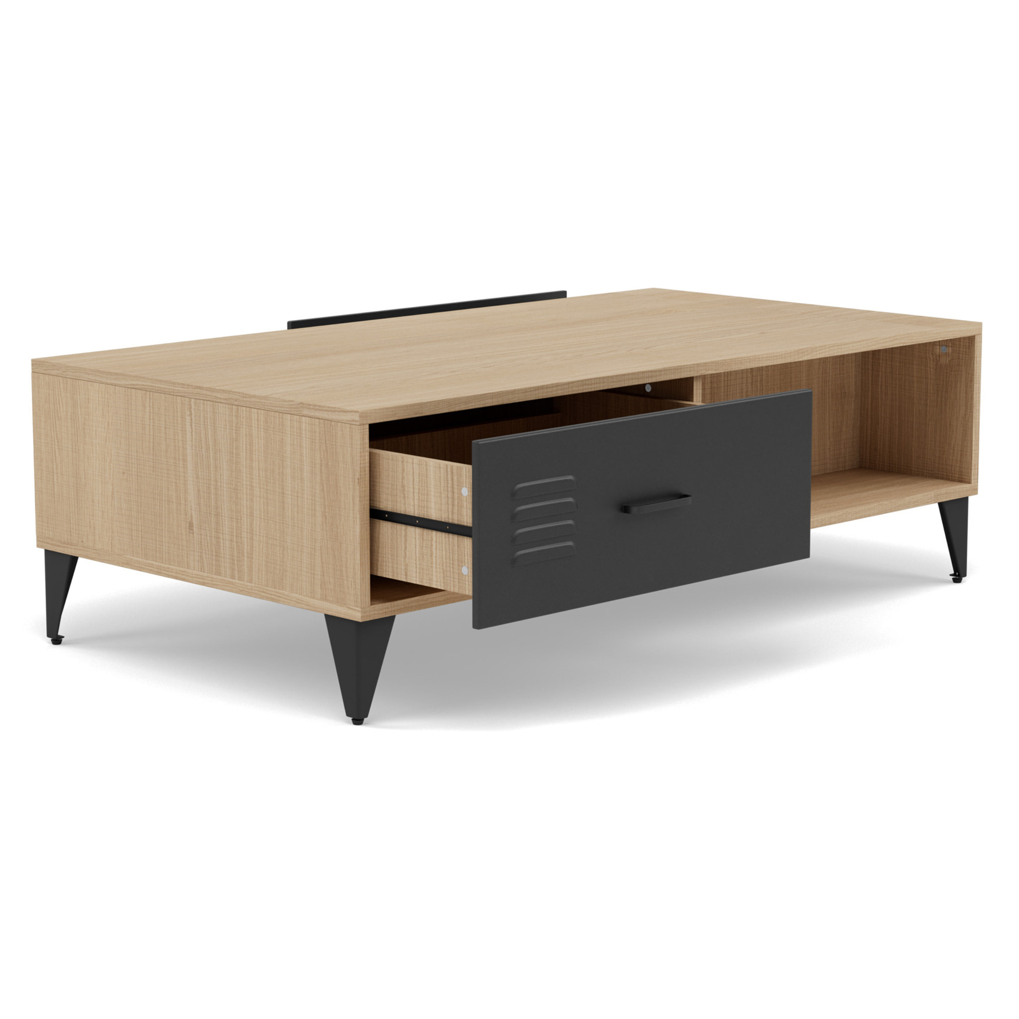 Tribeca - table basse - effet bois et métal noir - 1 tiroir et 1 niche - 110 cm - Bois / Noir