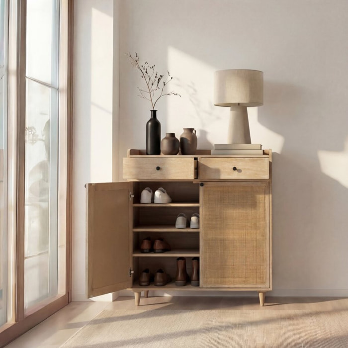 Meuble à chaussures Rocco -bois massif de manguier et rotin-couleur arabica 100 x 104 x 38 cm