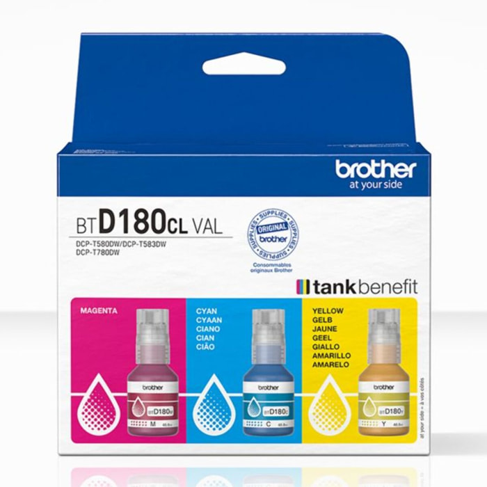 Cartouche d'encre BROTHER Pack 3 Bouteilles d'Encre BTD180 Couleurs (YMC) - BTD180VAL