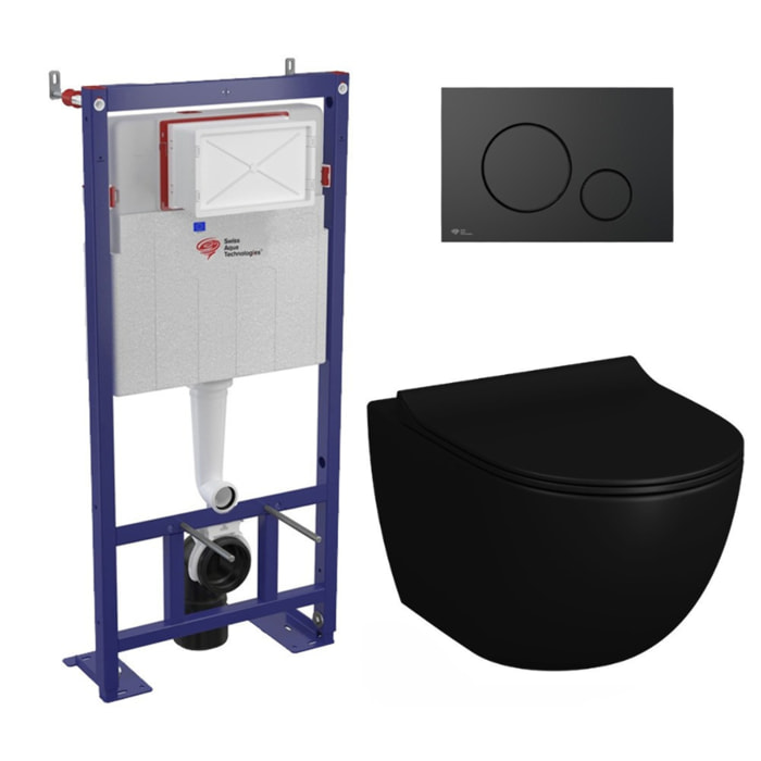 Pack WC bâti-autoportant + WC Infinitio noir mat sans bride et fixations invisibles + Abattant softclose + Plaque noir mat