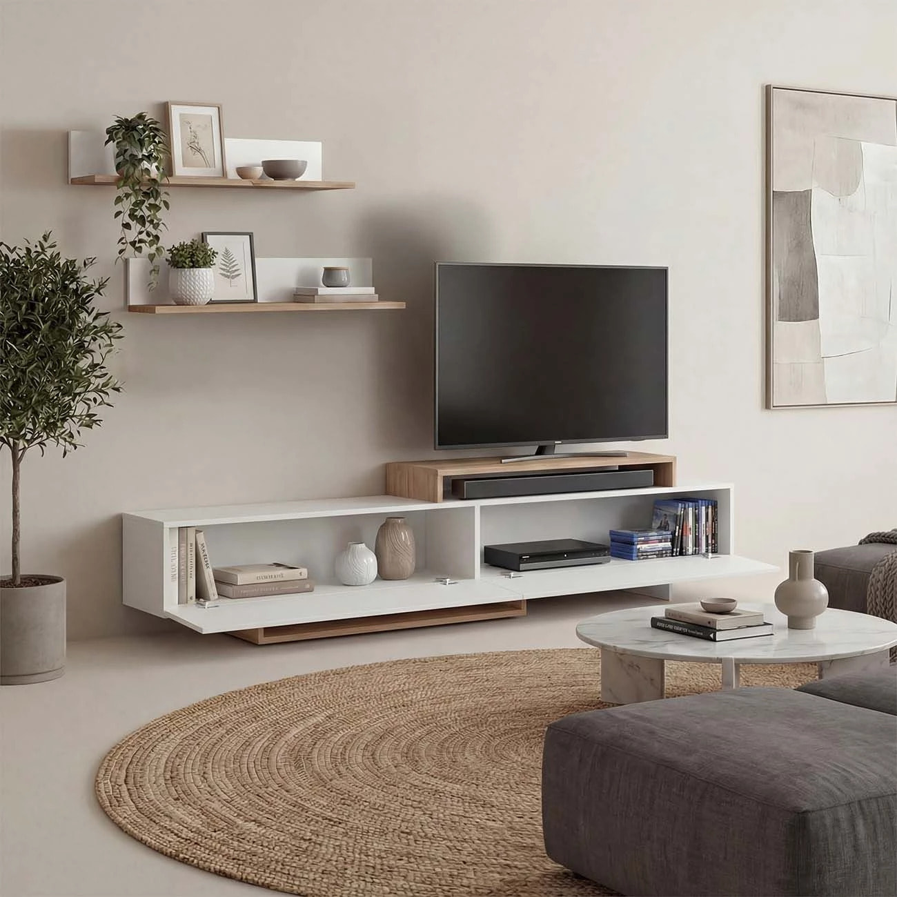 Salón con mueble TV y estanterías en blanco artik y alpino 200 cm Bender Blanco Artik (Blanco Mate) - Alpino