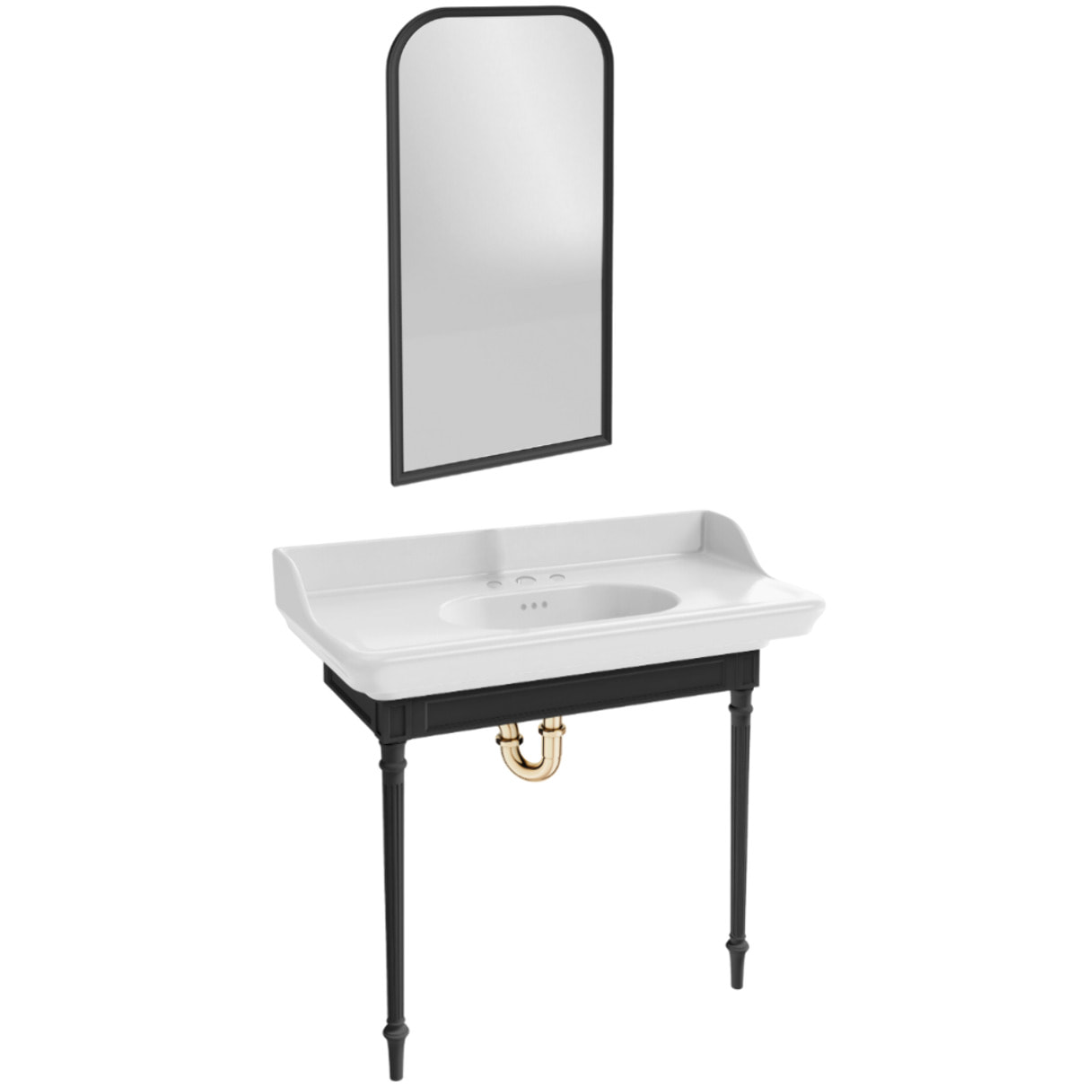 Console Cléo 1889 avec plan vasque 3 trous + miroir + siphon or