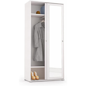 Guardaroba Tulipano, Armadio a 2 ante scorrevoli e specchio, Mobile con barra appendiabiti e ripiani, 100% Made in Italy, Cm 90x45h195, Bianco