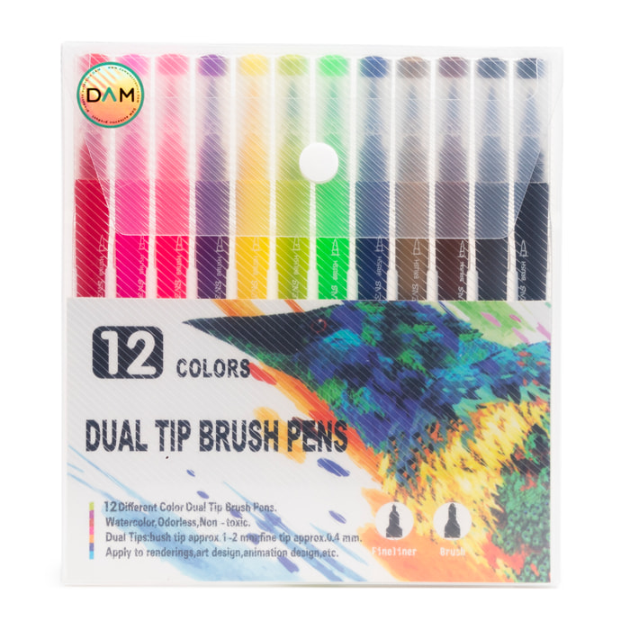 Set 12 Rotuladores color doble punta, punta fina 0,4 mms y punta pincel acuarelable profesional. Forma triángular ergonómica para lettering, caligrafía, ilustraciones…