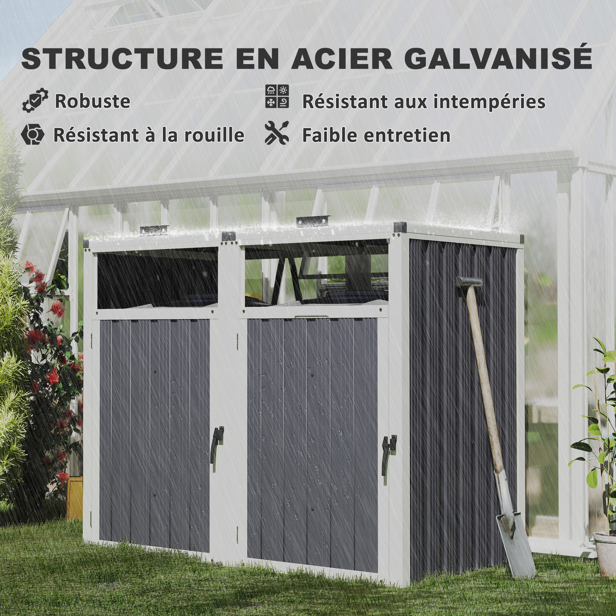 Abri poubelles double - cache poubelles 2 x 240L - portes, couvercles - tôle acier ondulé blanc gris