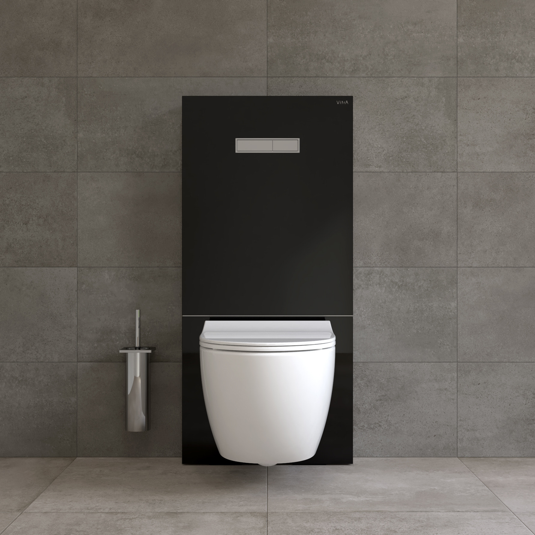 Pack WC Bâti support en verre trempé/aluminium brossé avec plaque intégrée, Noir + WC sans bride Sento + Abattant softclose