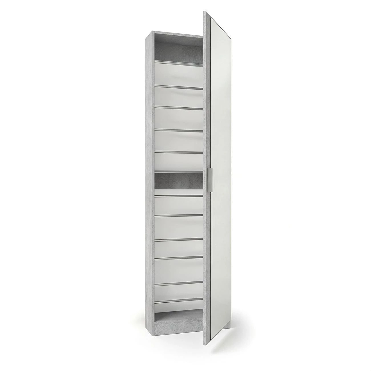 Zapatero alto de 1 puerta con espejo en gris cemento 180x50 cm Roma Gris cemento