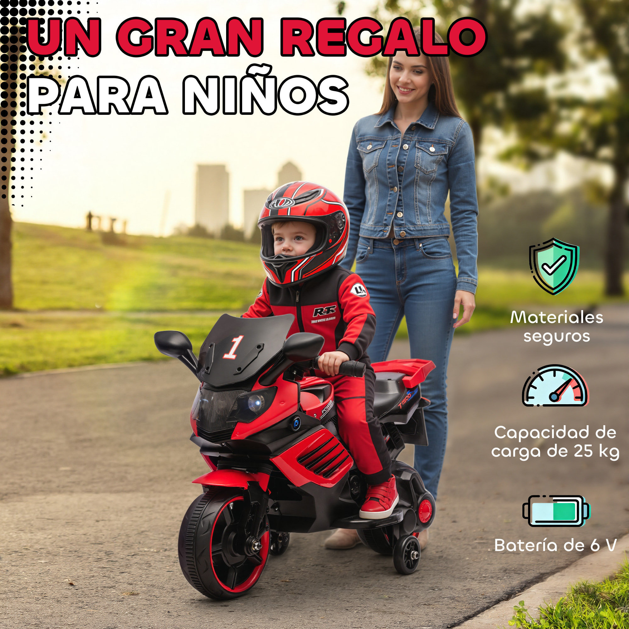 Moto Eléctrica para Niños 6V, Moto Eléctrica Infantil con Ruedas de Apoyo, Música, Faro, para Niños de 18-36 Mesas, Rojo