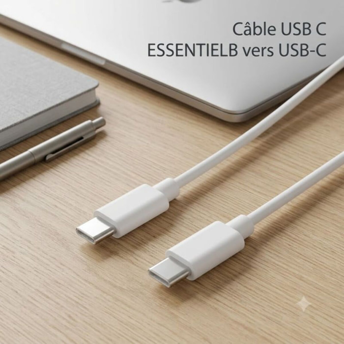 Câble USB C ESSENTIELB vers USB-C 1M Blanc compatible iPhone 17 16 15 Pro Max et Samsung Galaxy S25 S24 Ultra
