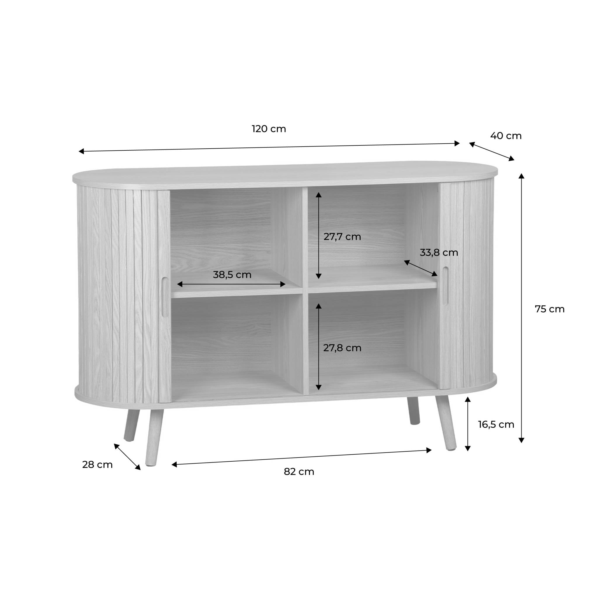 Buffet scandinave 2 portes coulissantes. 4 compartiments. effet bois rainuré. couleur noyer. buffet bas. L 120 x P 40 x H 75cm
