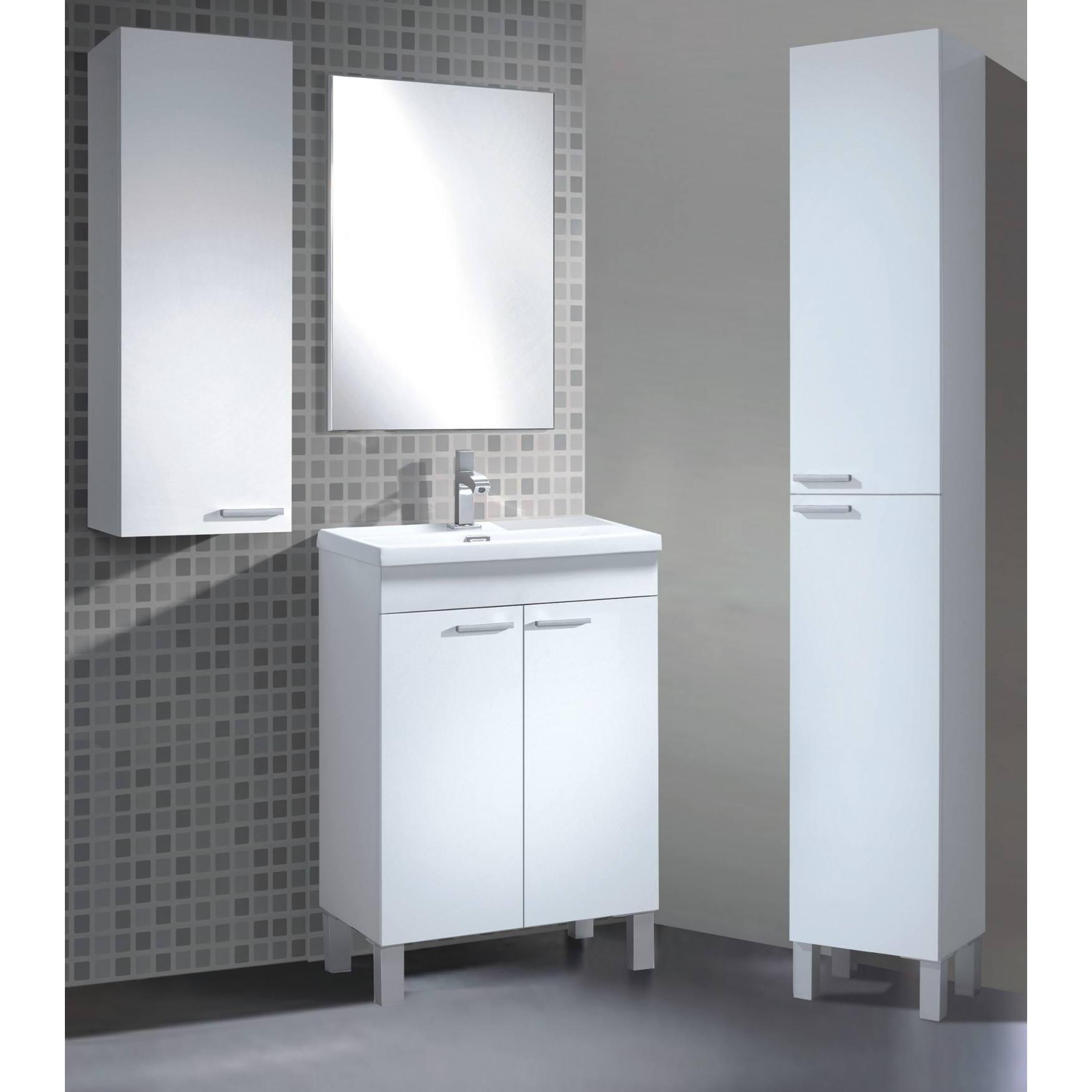 Colonna bagno Torrance, Mobile a colonna per bagno a 1 anta, Armadio pensile sospeso con 1 ripiano, cm 30x25h85, Bianco lucido