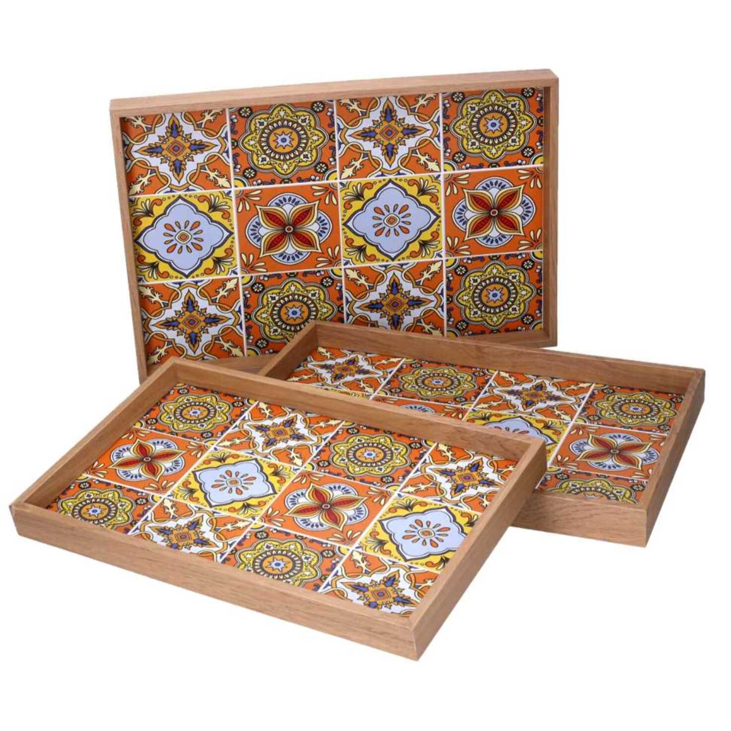 Set di 3 vassoi in legno arancione bordo naturale cm45x30h4