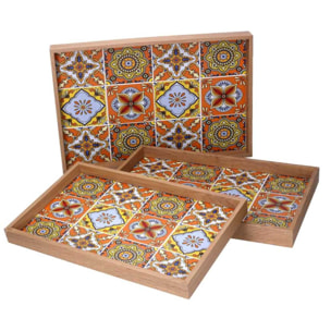 Set di 3 vassoi in legno arancione bordo naturale cm45x30h4