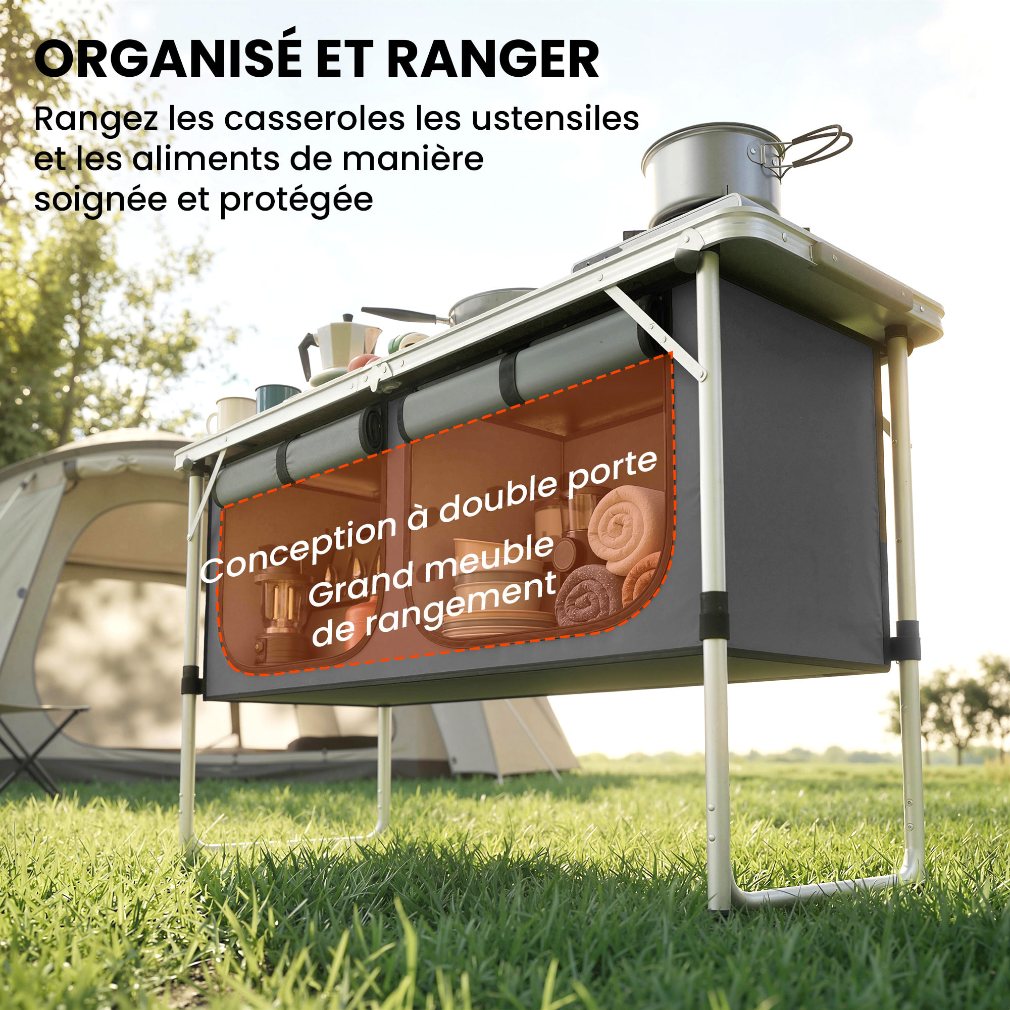 Armoire de camping pliante avec rangement, pour pique-nique barbecue extérieur - aluminium - 120x47x70cm - argent