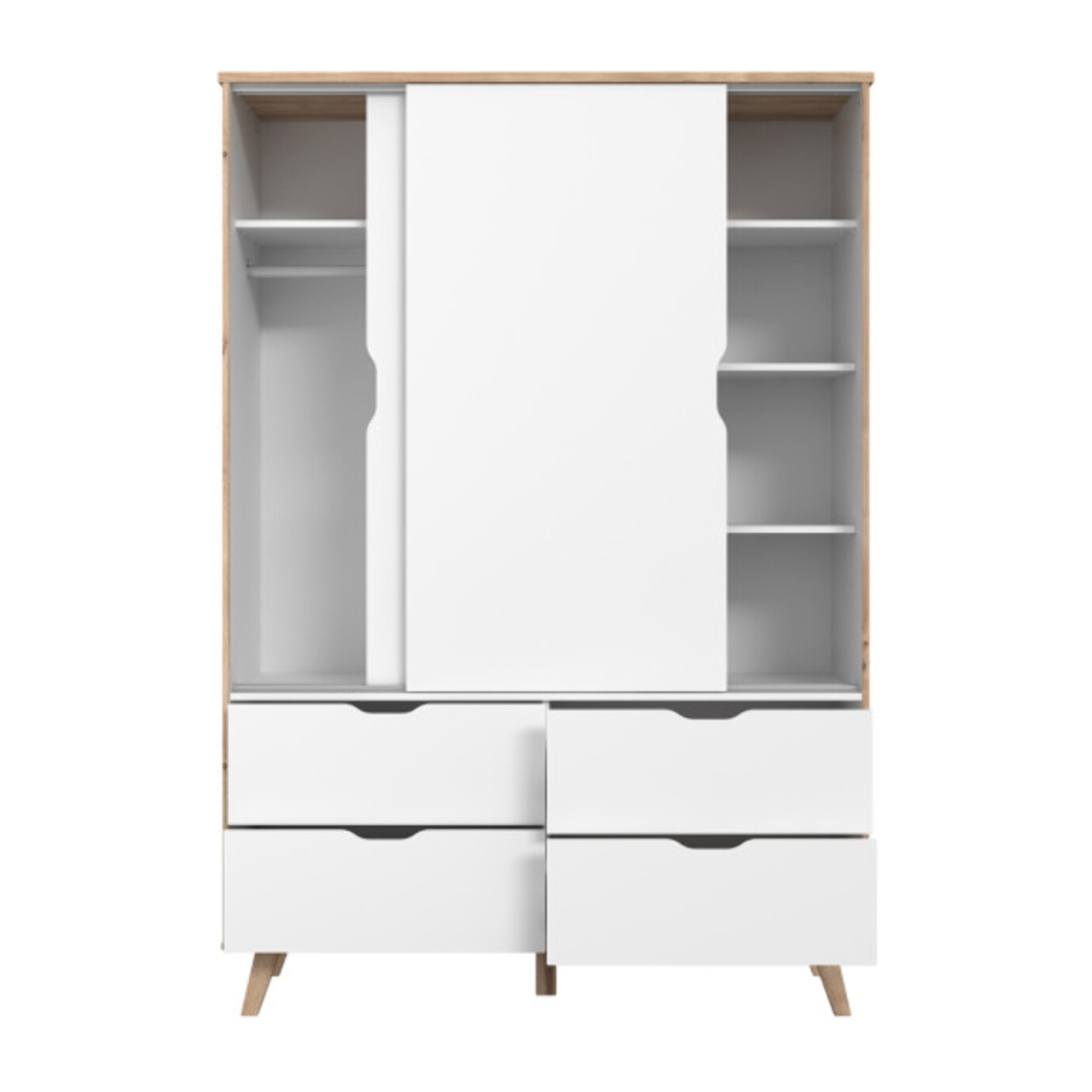 Armoire 2 portes 4 tiroirs effet bois chêne naturel et blanc mat - WANDA