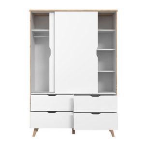 Armoire 2 portes 4 tiroirs effet bois chêne naturel et blanc mat - WANDA