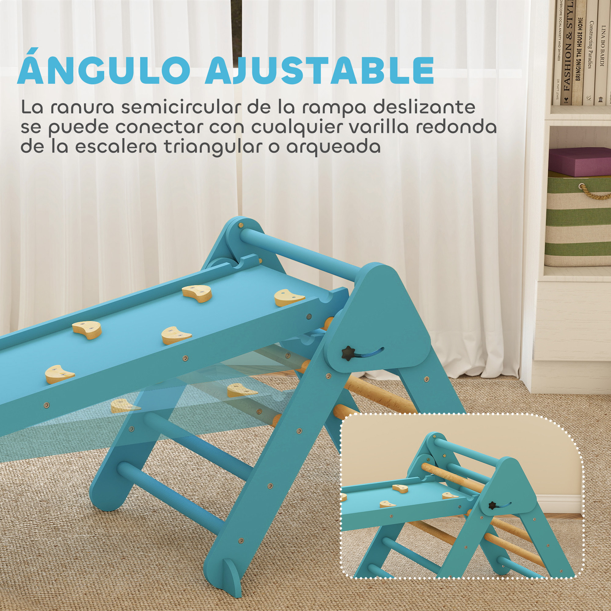 7 en 1 Triángulo de Escalada Montessori con Arco y Rampa, Escalada para Niños de Madera Plegable, para 18-48 Meses, para Deslizarse o Escalar, 188x70 cm, Azul