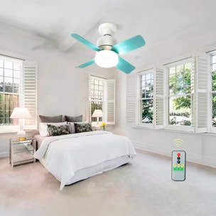 Ventilador de techo FS-4Y-R330 de 33 cm. Para casquillo E27, 3 velocidades y luz LED de 7W. Incluye mando a distancia.