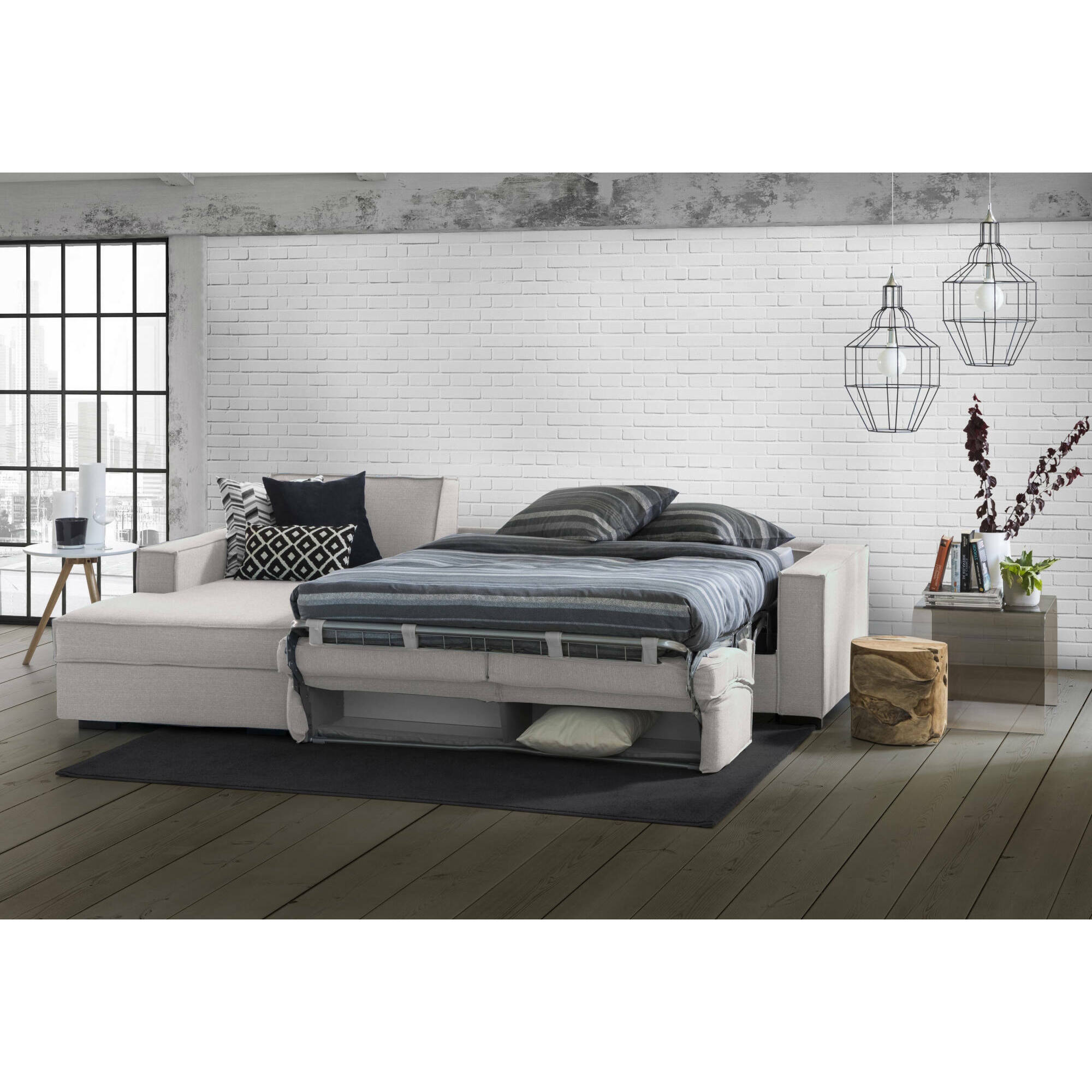 Divano letto con penisola Albenga, Sofà apertura girevole, Penisola contenitore Sinistra, Braccioli slim, 100% Made in Italy, Cm 260x95h90, Grigio