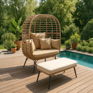 Ensemble fauteuil sur pied effet rotin et repose-pieds avec coussin beige JIMMY