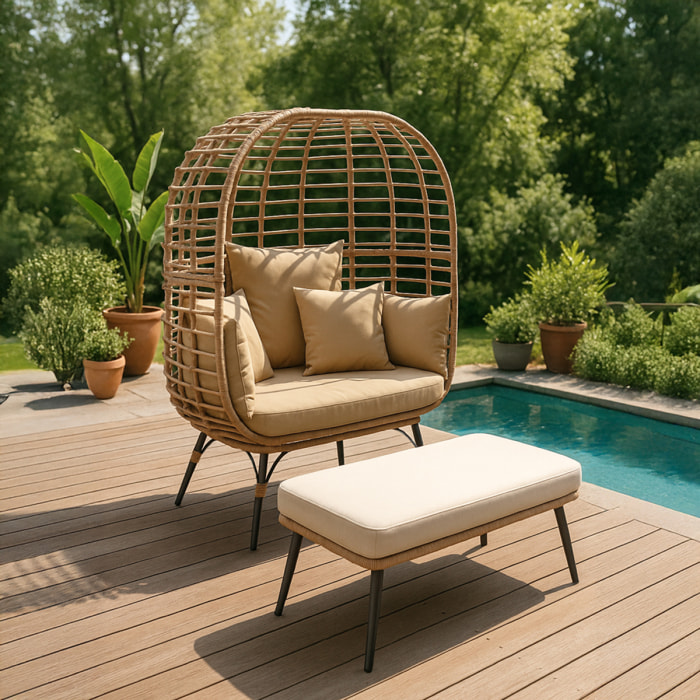Ensemble fauteuil sur pied effet rotin et repose-pieds avec coussin beige JIMMY