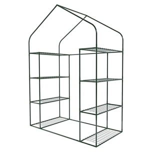 Serra Da Giardino Per Orto Con 8 Ripiani In Metallo Telaio A Casetta Acciaio Telo Trasparente PVC Porta Avvolgibile Apertura Cerniera 143x74x195 Cm