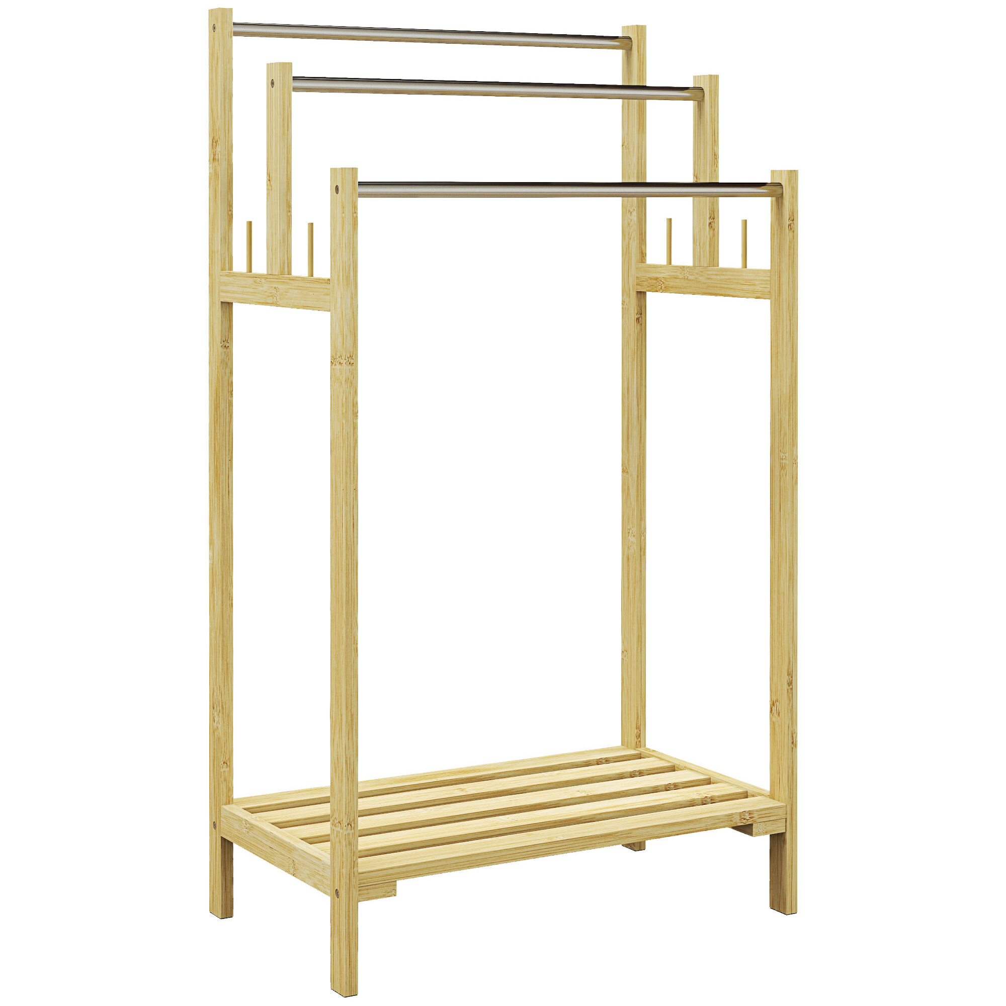 Toallero de Pie de Bambú, Toallero Escalera de Baño con 3 Barras de Acero Inoxidable, Estante Abierto, 4 Ganchos, Estilo Moderno, 50,5x31x90 cm, Natural