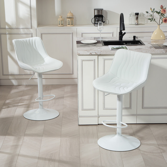 Juego de 2 Taburetes de Bar Taburetes Altos de Cocina Giratorios con Altura Ajustable 92-110 cm Respaldo Asiento de Piel Sintética Marco de Acero y Reposapiés para Comedor Mostrador Blanco