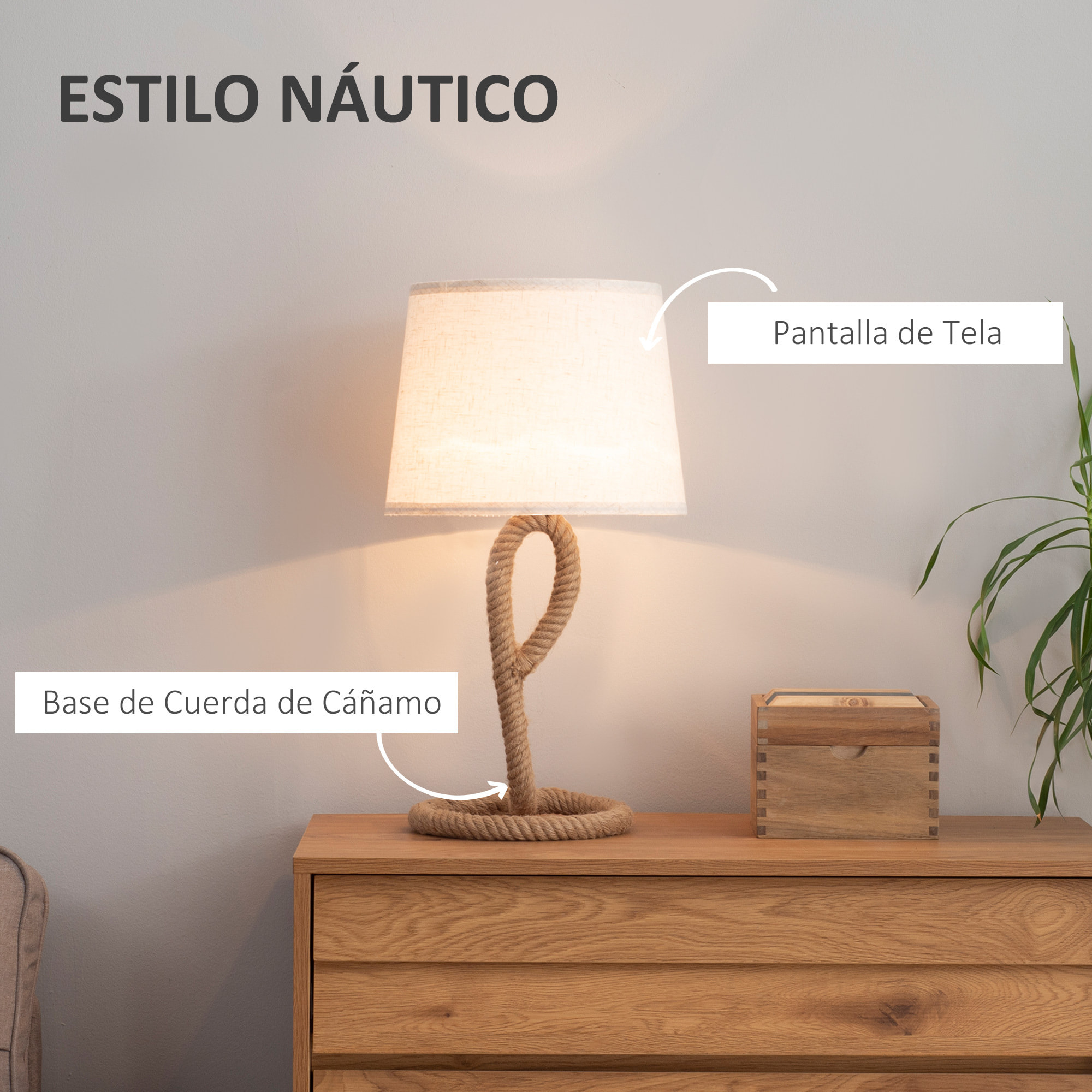 Lámpara de Mesa Náutica con Base de Metal y Cuerda de Cáñamo Pantalla de Tela Portalámpara E27 de Máx. 40W para Salón Dormitorio Ø30x56 cm Beige