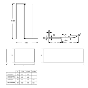 Tablier bain compatible toutes baignoires rectangulaires, installation angle, 180x90x60cm, Blanc + Pare bain Malice Jacob Delafon