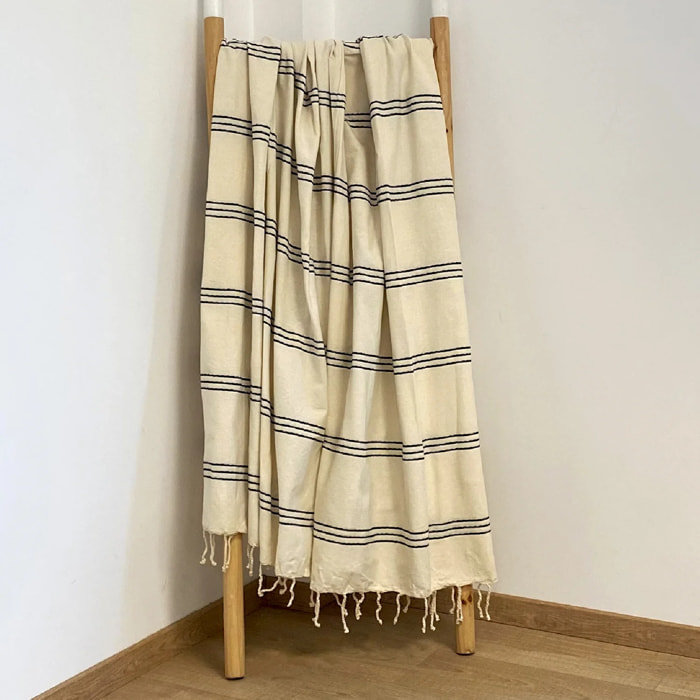 Fouta plate traditionnelle - Calliope Écru/Noir - 200x200cm - 190g/m²