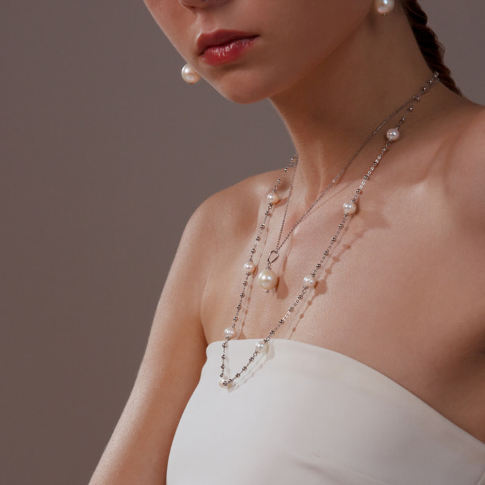 PERLAVIVA - Collana Girocollo in Argento 925 placcato Oro Bianco 18Kt con Perla Ming d'Acqua Dolce Bianca Ø 12/13 mm