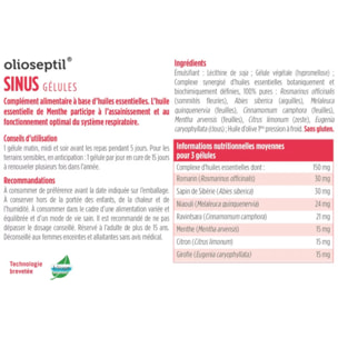 OLIOSEPTIL - Sinus - Complexe de 7 Huiles Essentielles Pures et Chémotypées en Gélules Végétales L-Vcaps® - Dès 15 Ans - Participe au Fonctionnement Optimal du Système Respiratoire - 15 Gélules