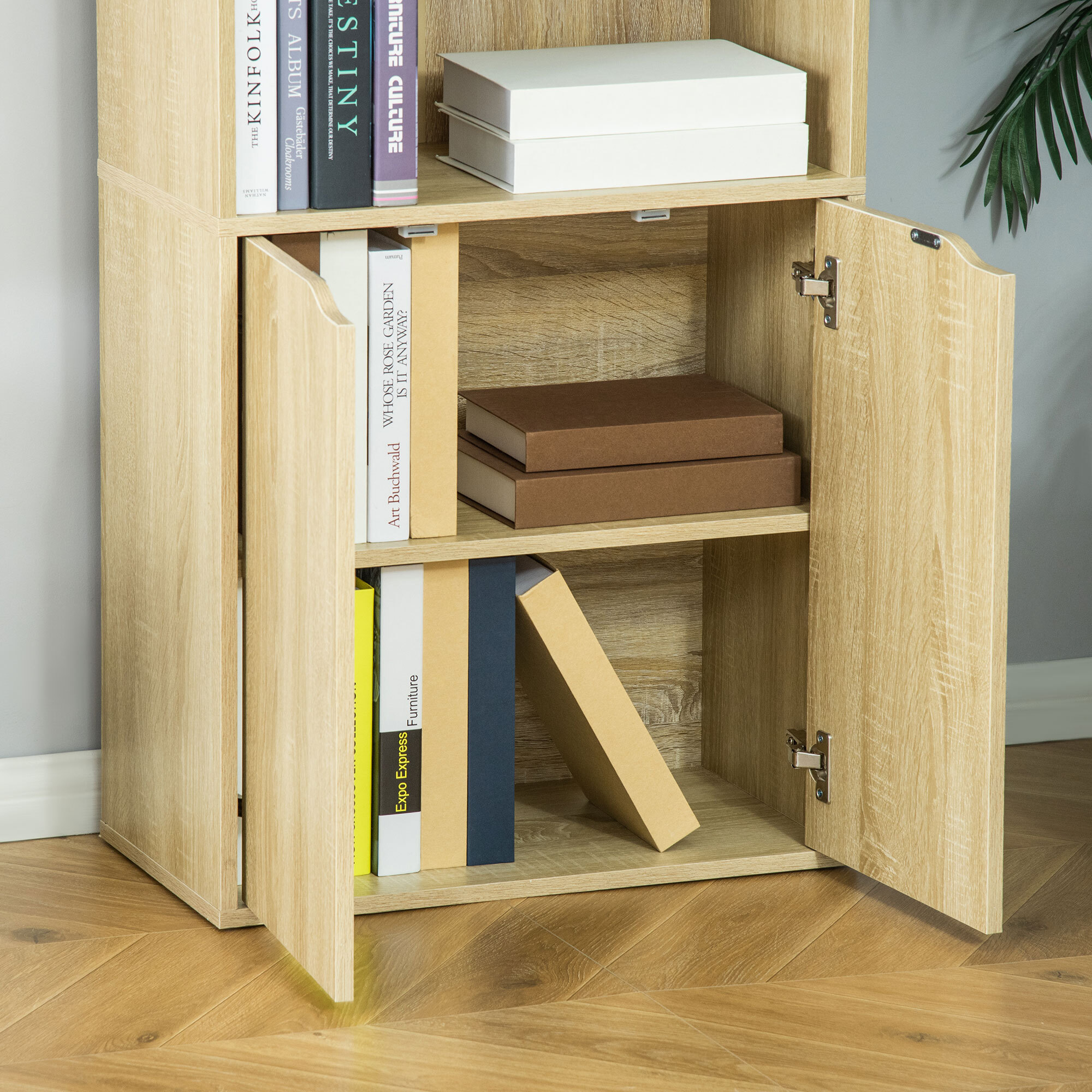 Bibliothèque 4 étagères armoire 2 portes dim. 59 x 29 x 180 cm effet bois clair