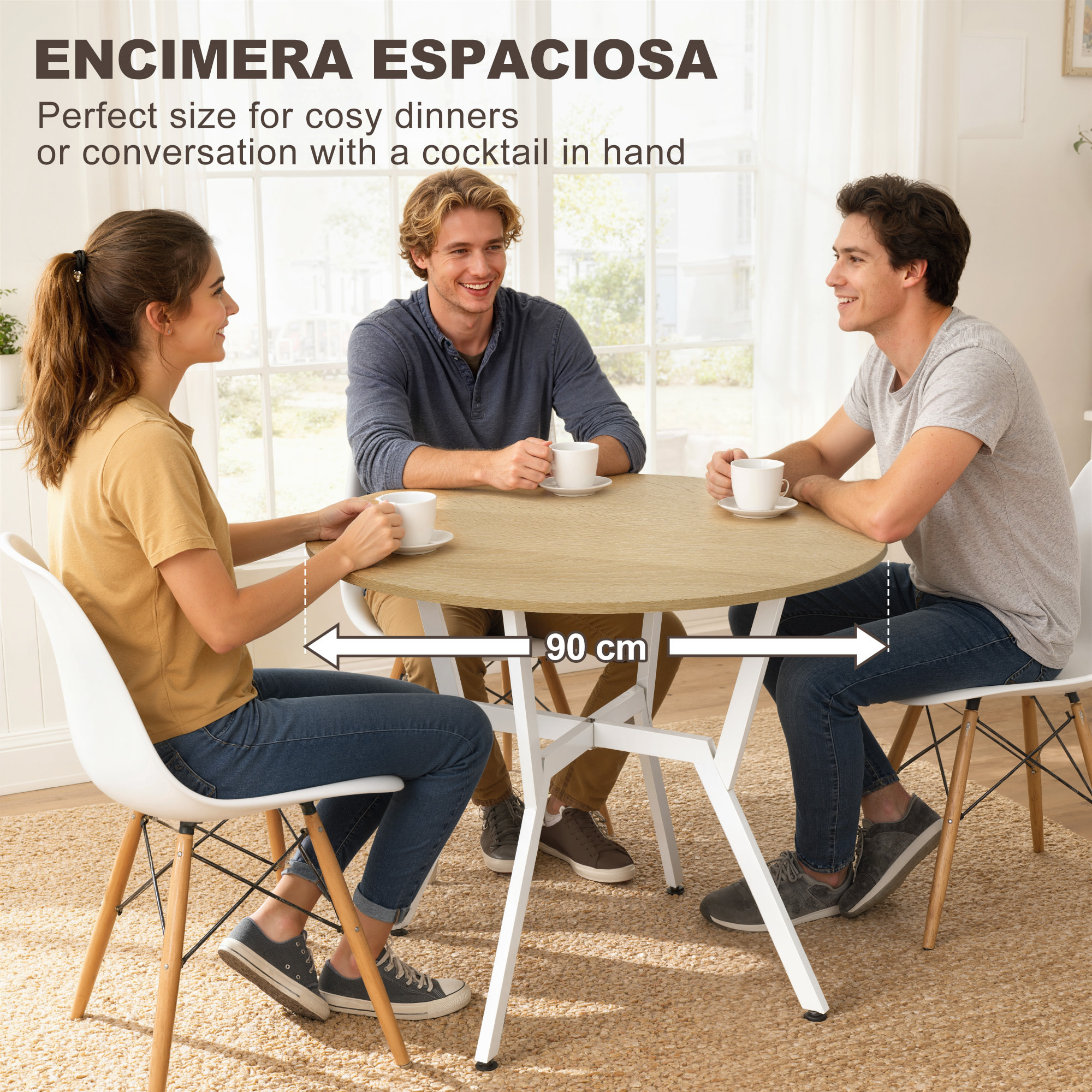 Mesa de Comedor Redonda para 2 Personas, Mesa de Cocina Industrial, Patas Curvadas de Acero, para Salón, 90x90x76 cm, Natural y Blanco
