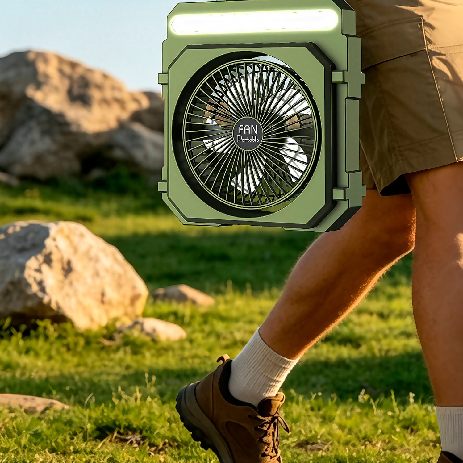 Ventilador para exteriores F33. 5 velocidades y 3 niveles de luz LED. Con batería de larga duración, función powerbank y panel solar incluido.