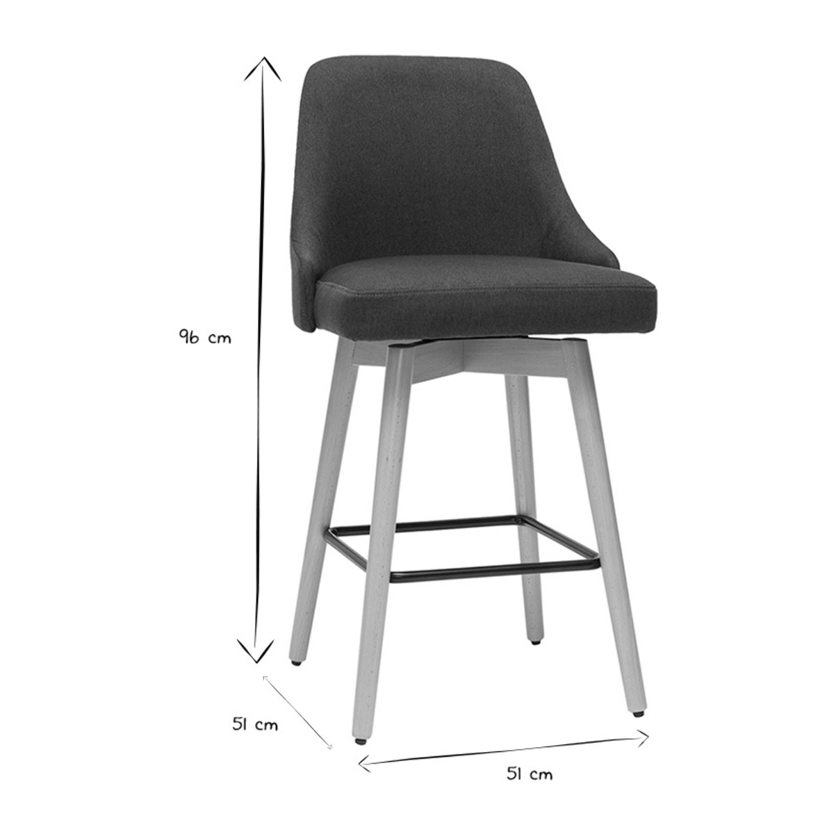 Tabourets de bar scandinaves pivotants 360° en tissu gris foncé et bois hêtre massif H65 cm (lot de 2) HASTA