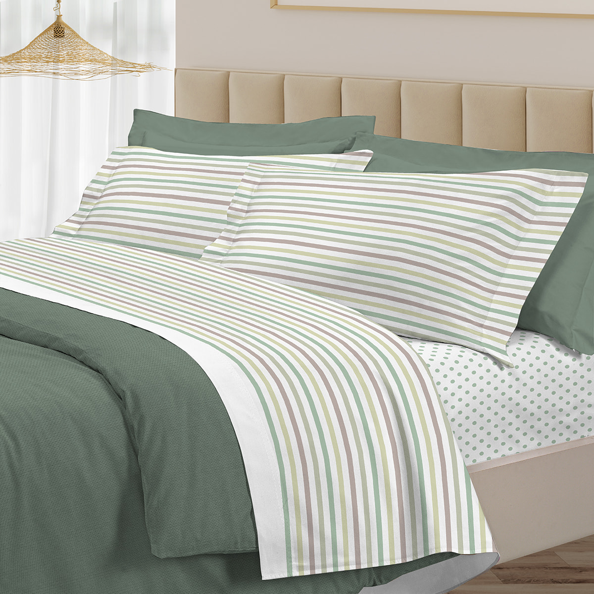 Completo letto riga dots verde 100% cotone