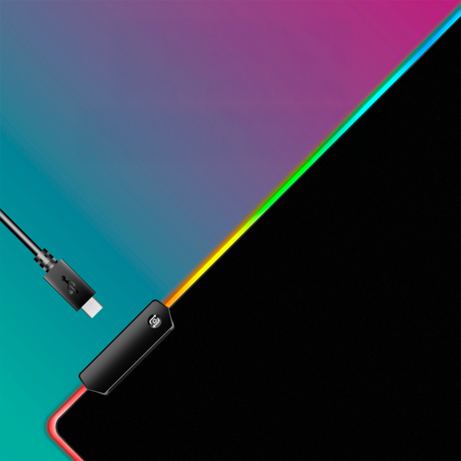 Alfombrilla gaming XXL con iluminación RGB, superficie antideslizante y conexión USB, ideal para teclado y ratón.