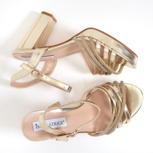 Sandali in simil pelle con tacco alto comodo e fasce ricoperte di strass