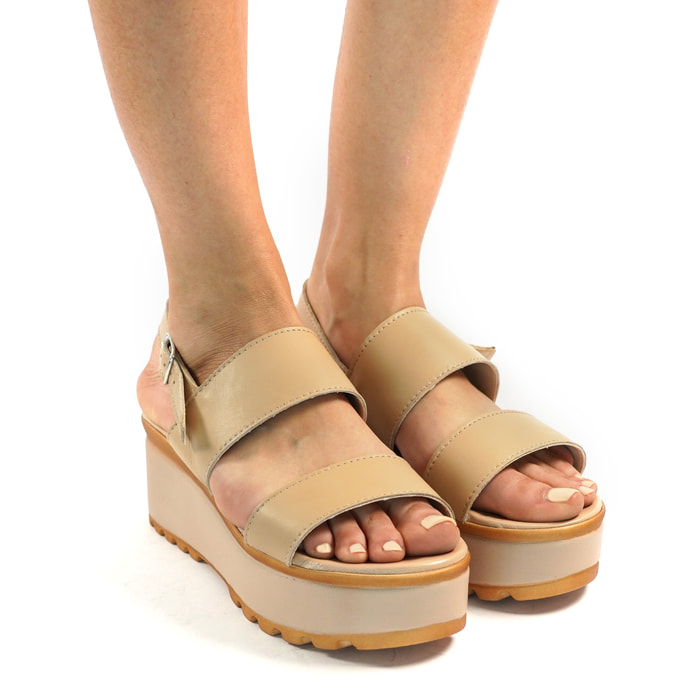 SANDALO DOPPIA FASCIA VERA PELLE BEIGE