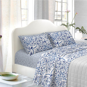 White & White Completo letto matrimoniale con 4 federe Maiolica blu