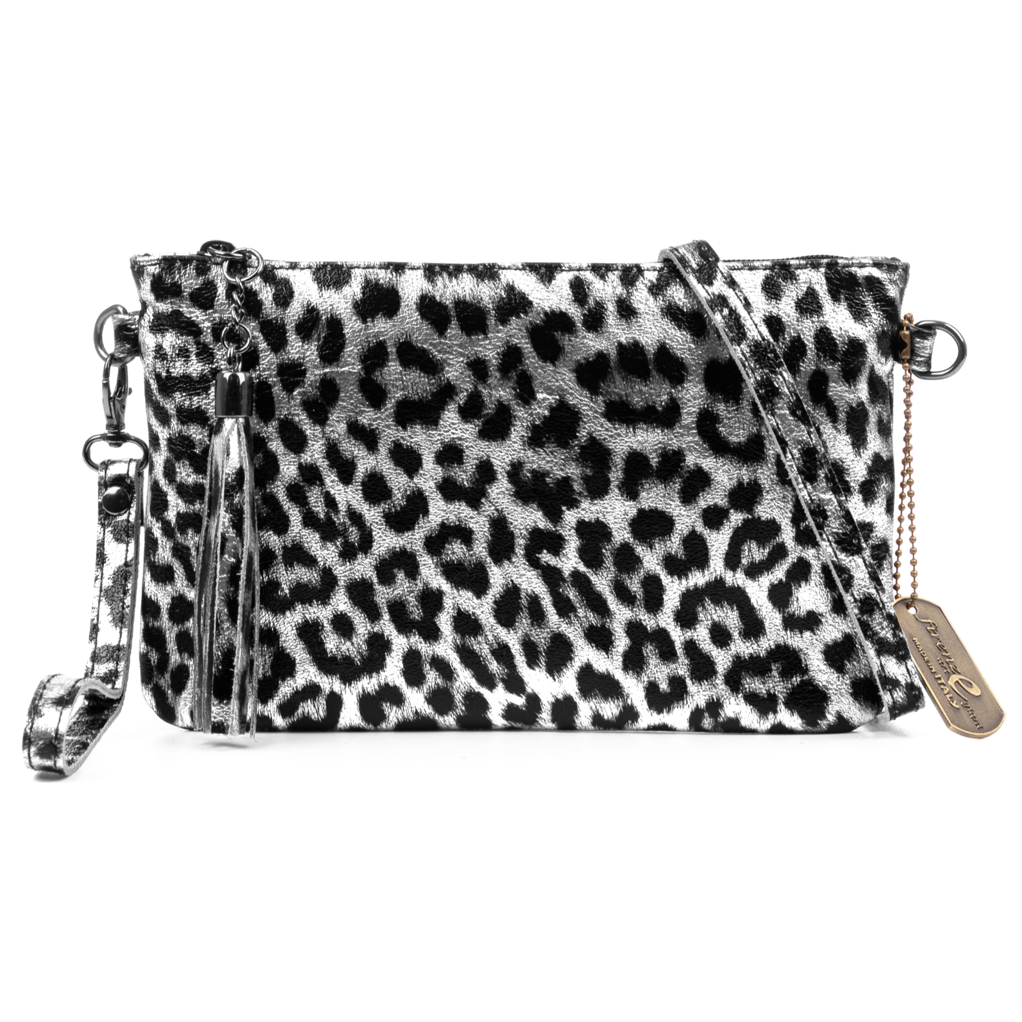 Oleggio bolso bandolera mujer. Piel auténtica Gamuza con estampado de animal print leopardo y lacada brillante.