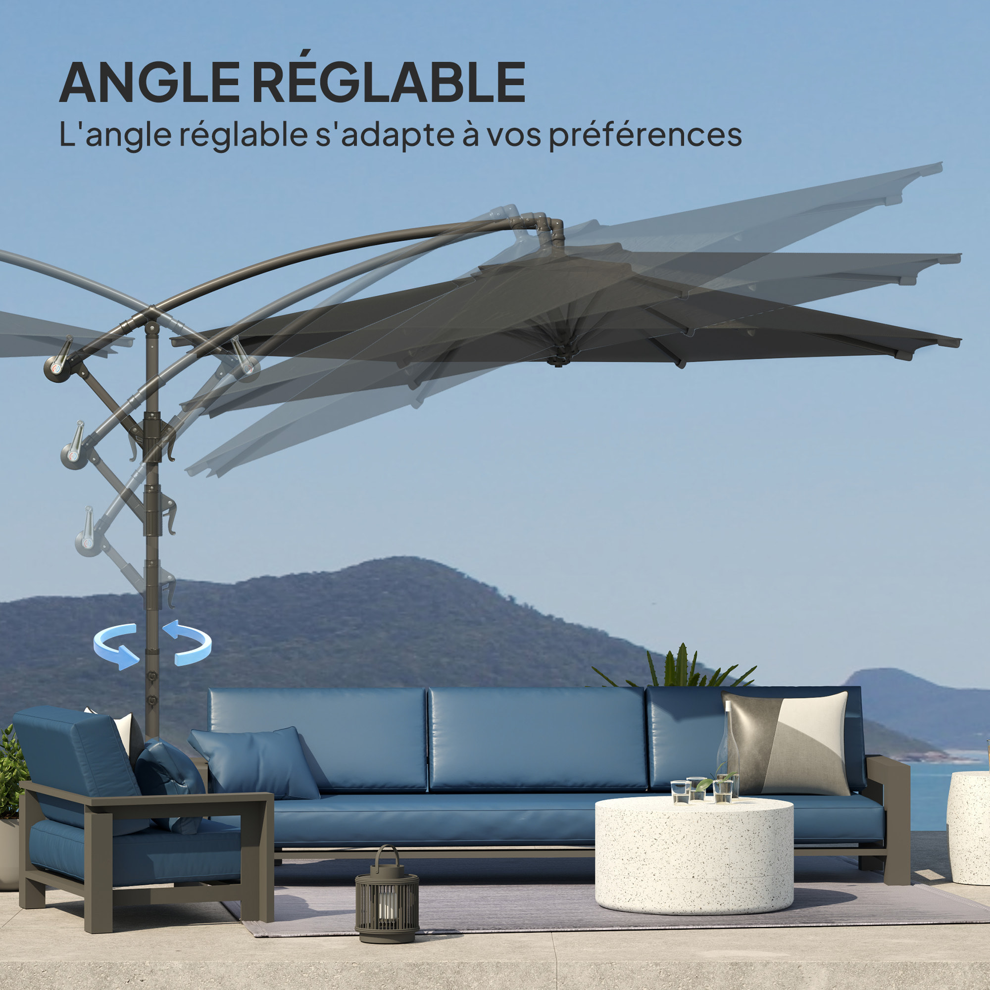Parasol déporté octogonal Ø3 m – Rabattable – Pied en croix