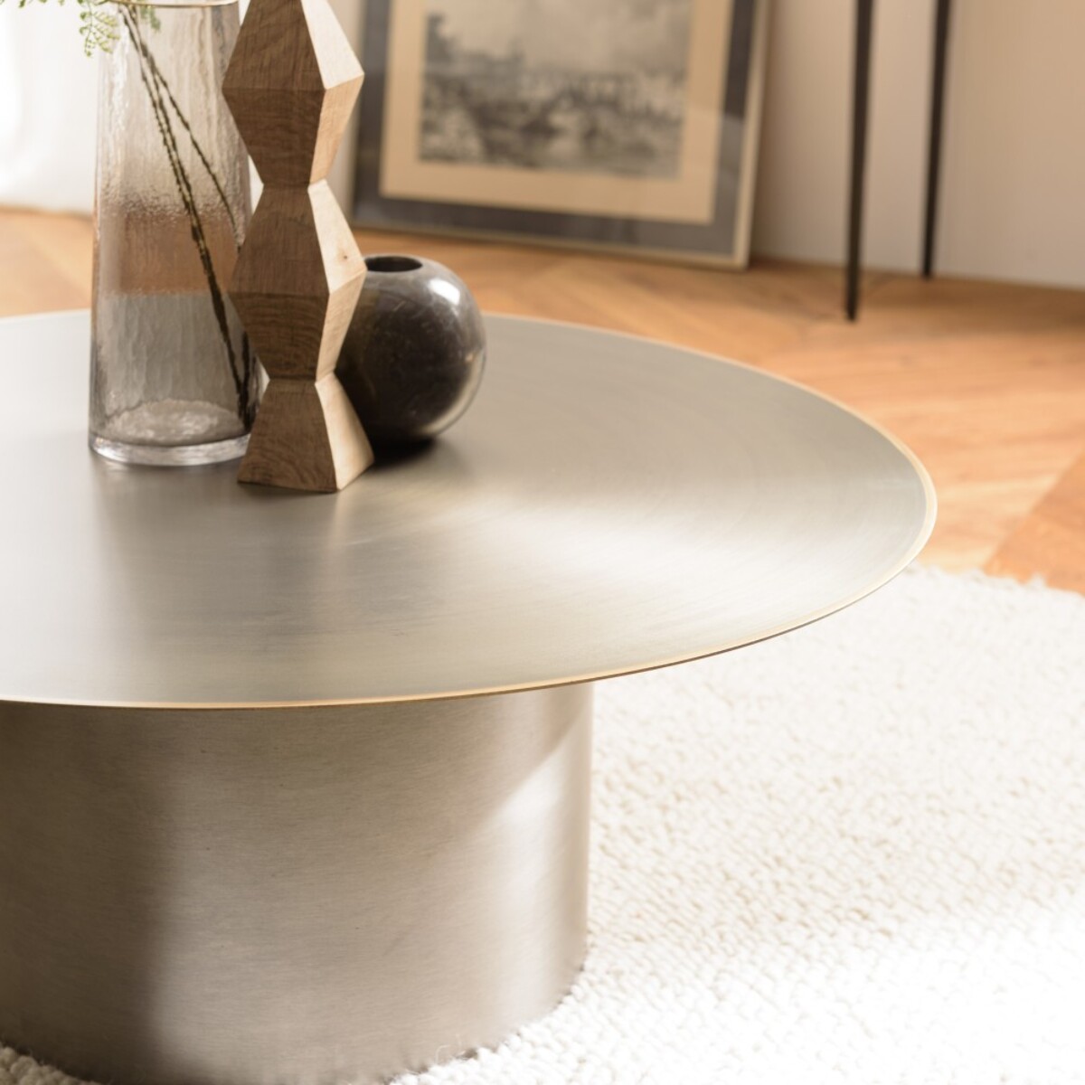 JAMES - Table basse ronde 80x80cm en fer noir et bordure dorée