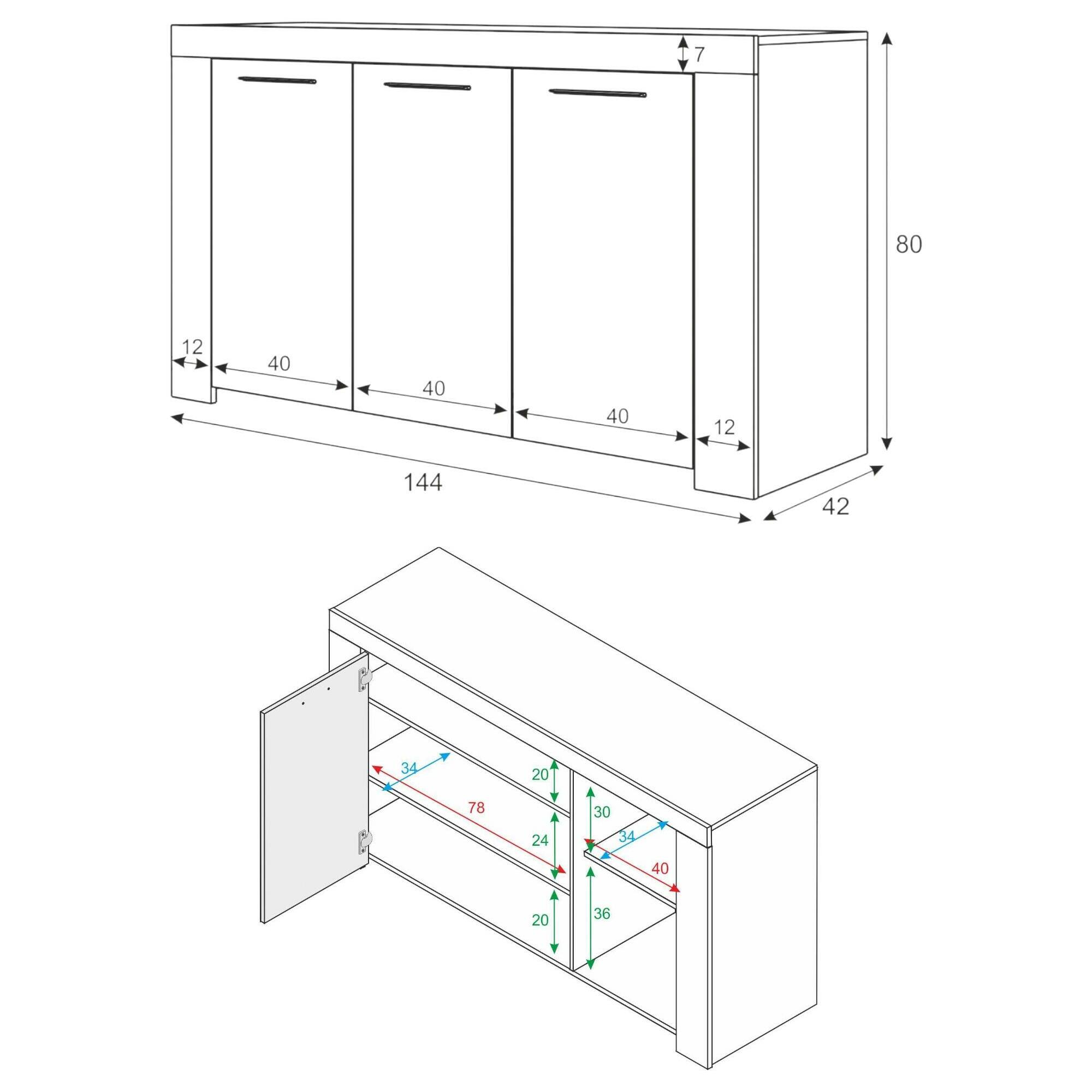 Credenza Bellevue, Madia moderna a 3 ante, Buffet da soggiorno, Mobile porta TV, Madia per salotto, cm 144x42h80, Cemento e Bianco